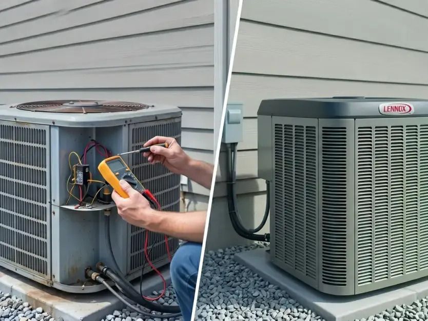 Technician testing an outdoor air conditioner unit with a multimeter beside a house wall