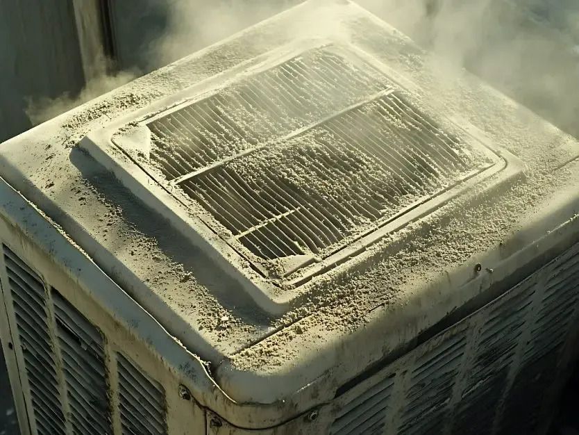 Dusty rooftop air conditioner venting smoke