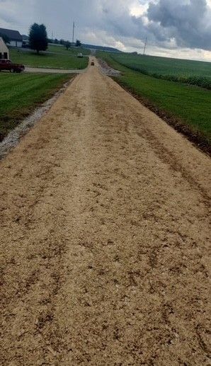 Long gravel road stretching into the distance, bordered by green grass and a cloudy sky