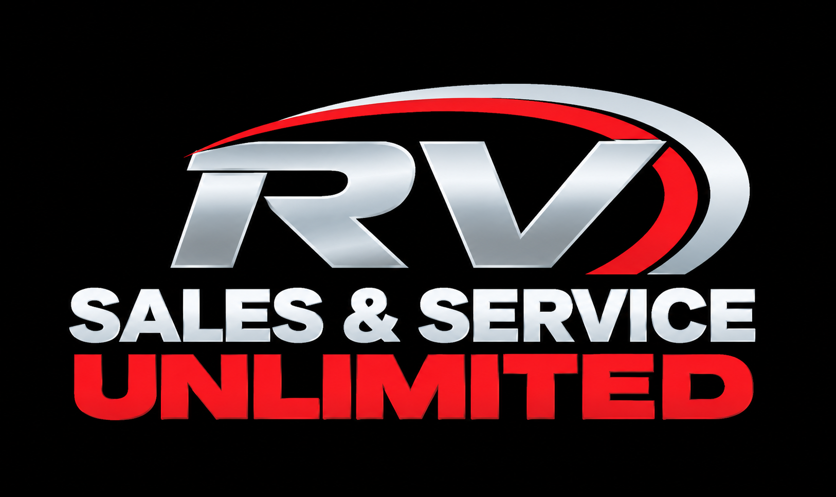 RV Sales & Service Unlimited logo in silver, red, and white on a black background