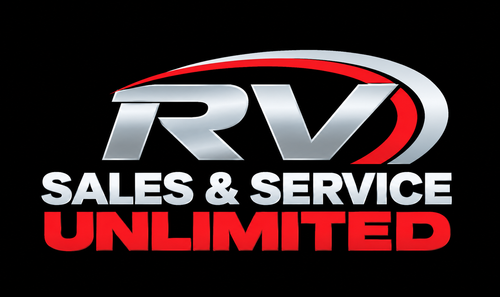 RV Sales & Service Unlimited logo in silver, red, and white on a black background