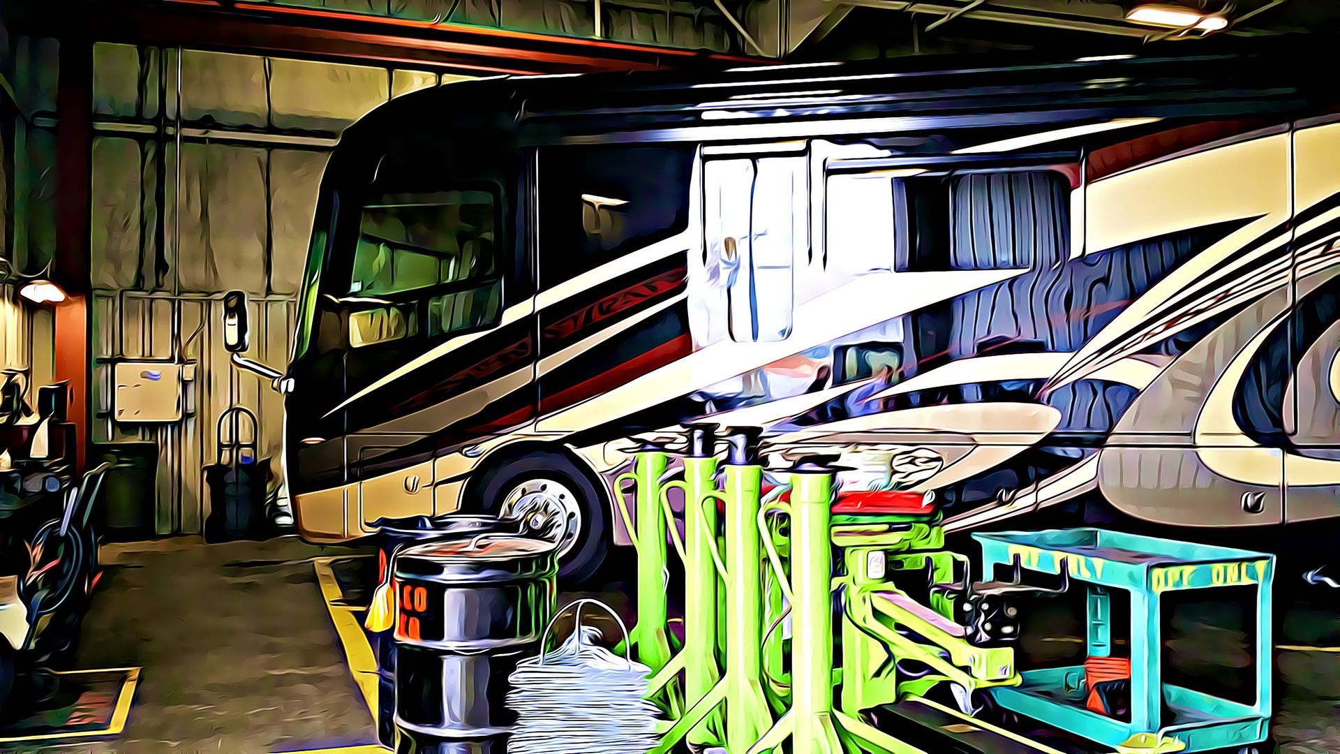 Large bus in a garage with bright green equipment and tools in the foreground