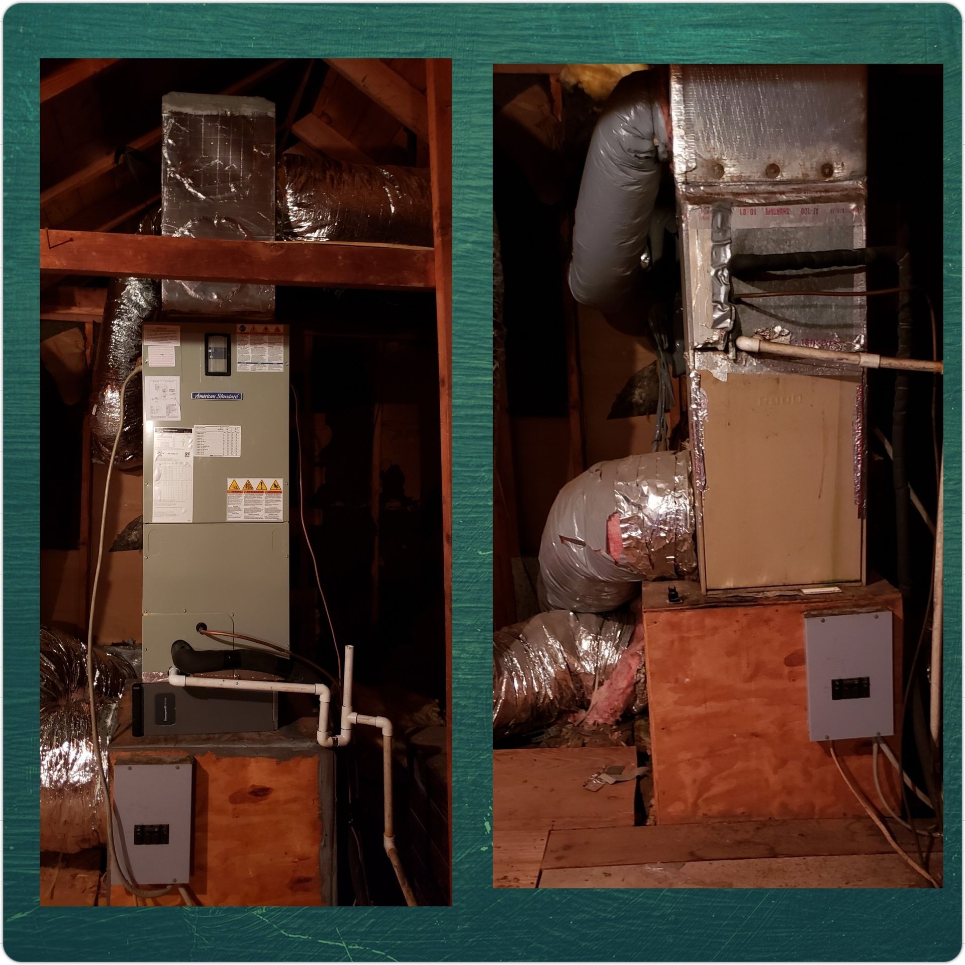 Two views of HVAC equipment in an attic: a furnace with ductwork and a filter box, installed on wooden platforms.