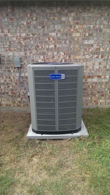 Air conditioning unit on a concrete pad, against a brick wall, on a grassy lawn.