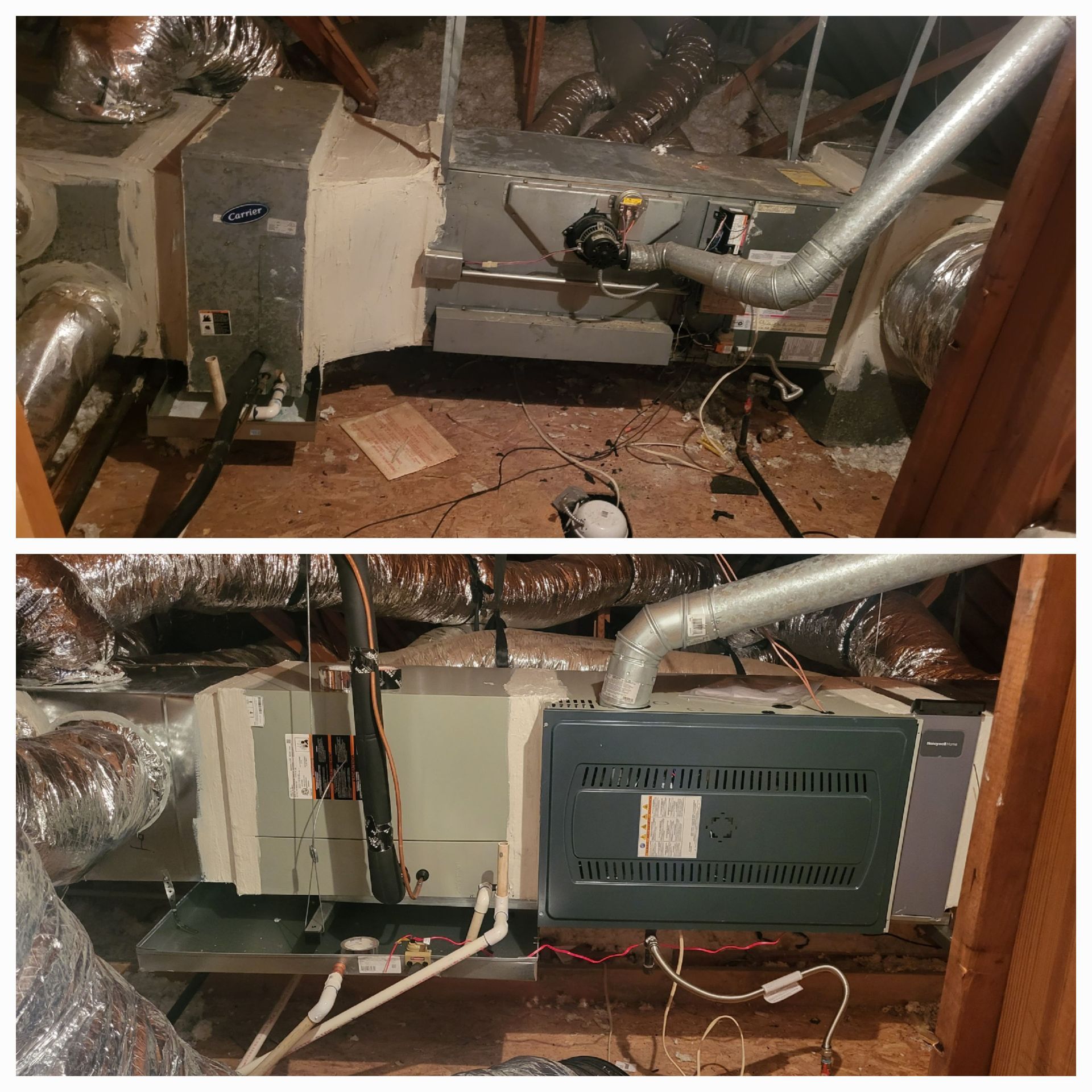 Two photos of an HVAC system in an attic. The top photo shows an older system; the bottom shows a newer model.