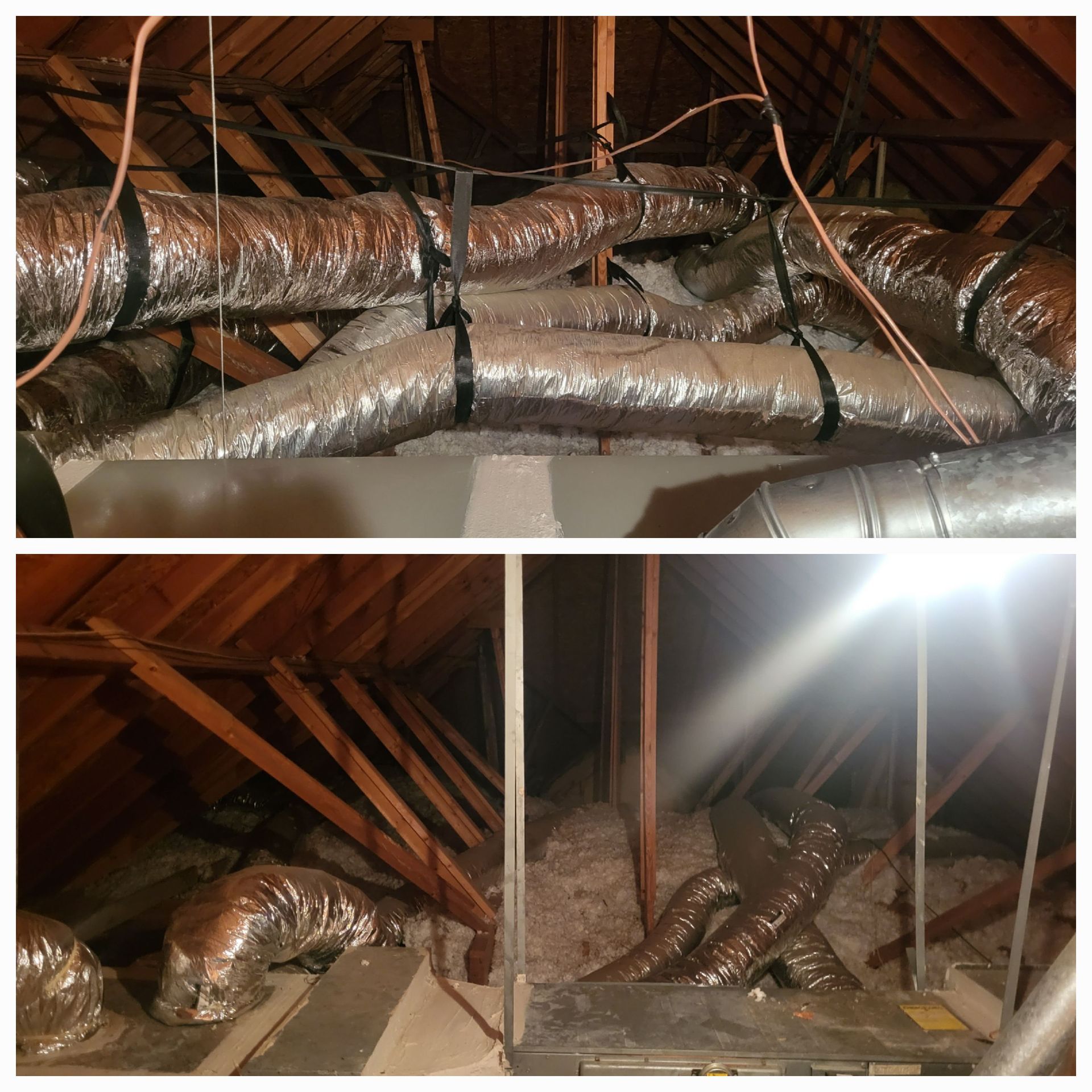 Air ducts in an attic, some insulated, connected to wooden rafters. Various angles and lighting.