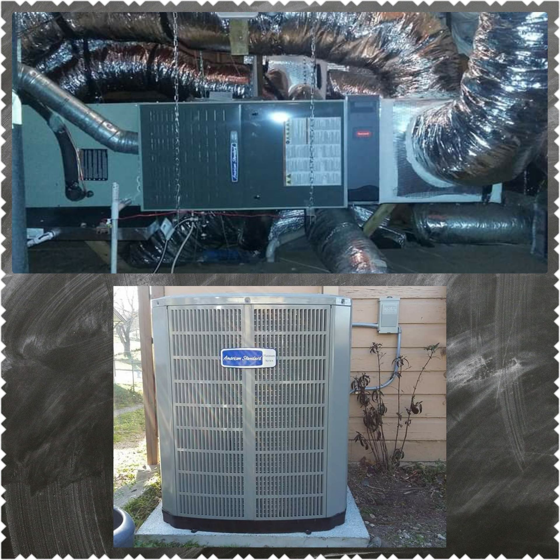 Two photos: HVAC unit inside and outdoor air conditioner unit, both silver and gray.