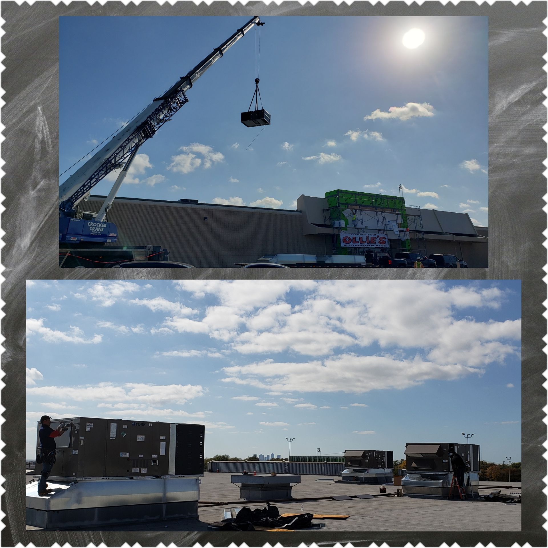 Crane lifting HVAC unit onto a building's roof under a sunny sky. Workers on the roof installing units.