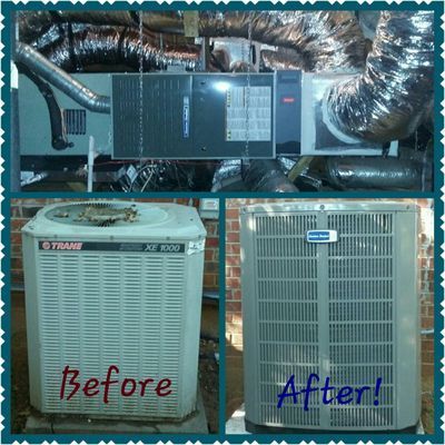 HVAC system: before and after. Top: indoor unit with ductwork. Bottom: outdoor unit replacement, old Trane vs. new American Standard.