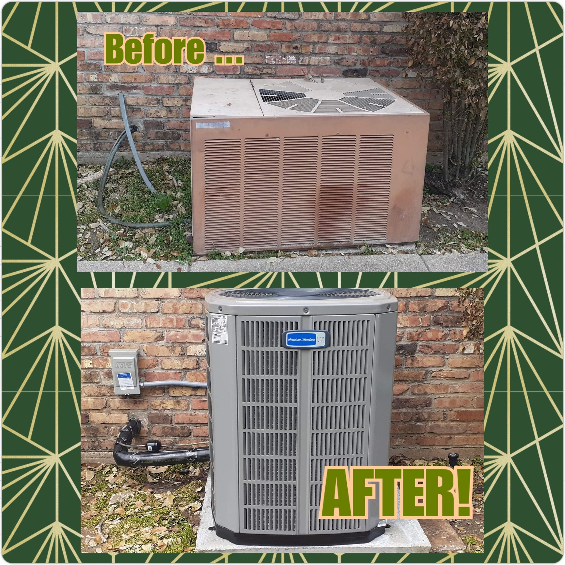 Before-and-after of an AC unit replacement: old cardboard enclosure replaced with a new, gray metal unit on a concrete pad.
