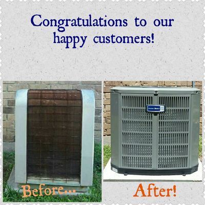 Before and after of an AC unit cleaning. Dirty unit on the left and clean unit on the right.