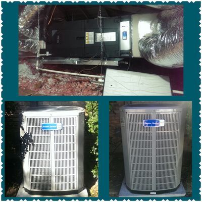 Three-panel photo: HVAC unit in attic, and two outdoor AC units. All have blue labels.