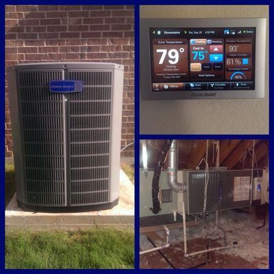 Air conditioning unit outside, thermostat on wall, and furnace in attic.