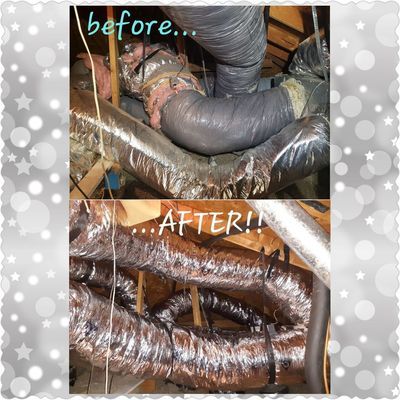 Before and after photos of HVAC ductwork in an attic, showing improvements in insulation and layout.