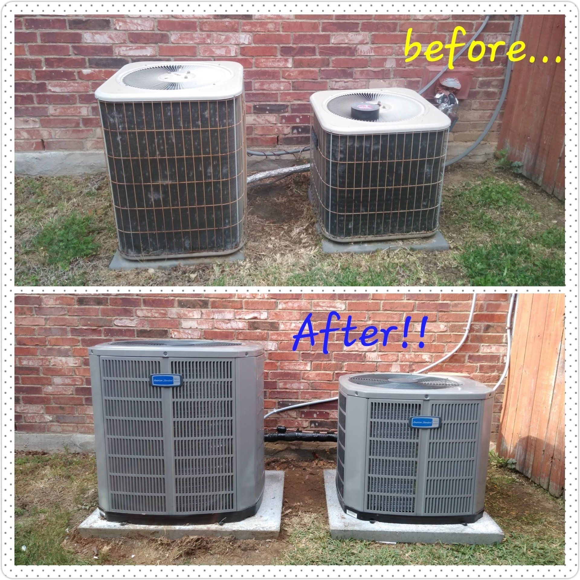 Side-by-side comparison of two air conditioning units before (dirty) and after (clean) installation.