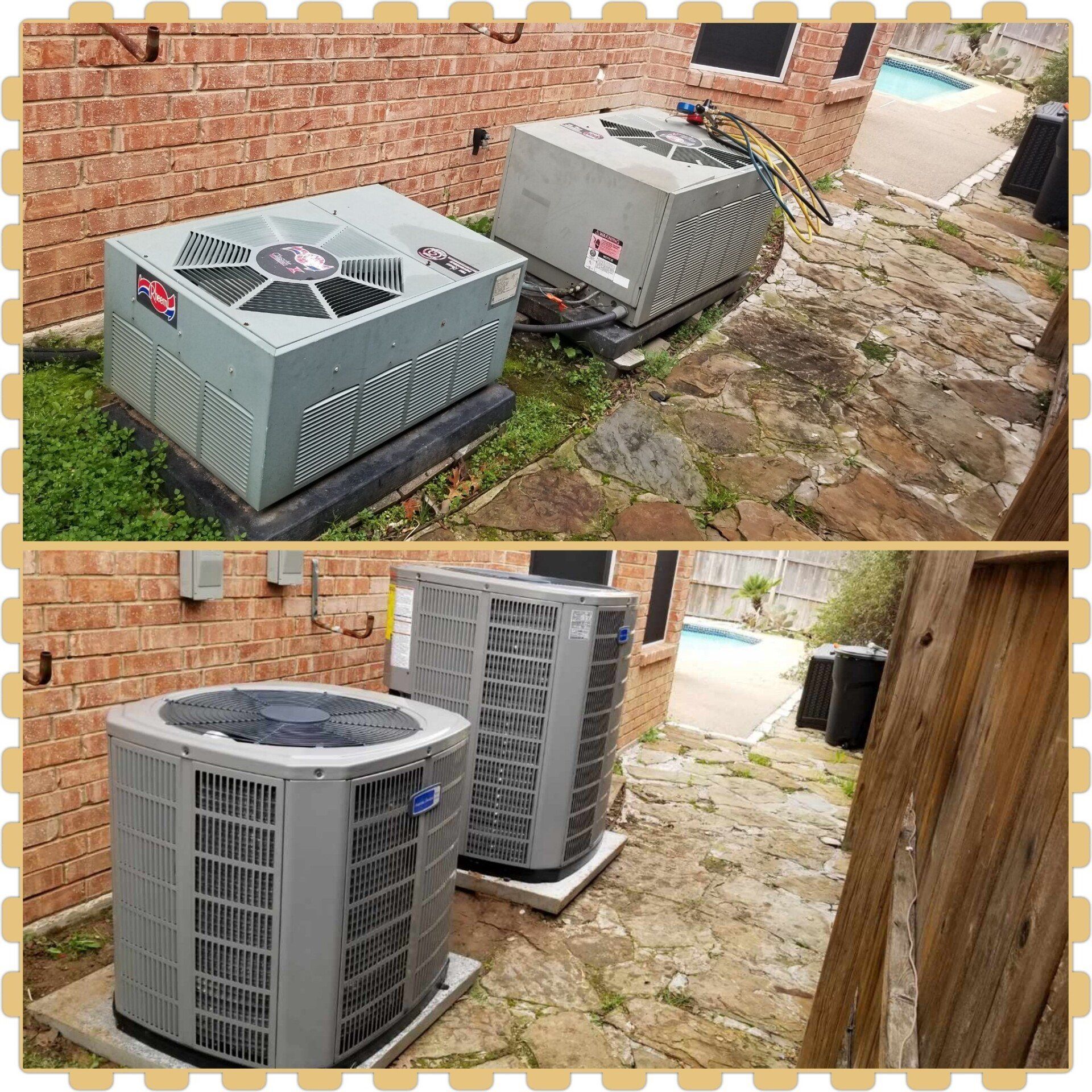 Two air conditioning units near a brick wall and a pool.