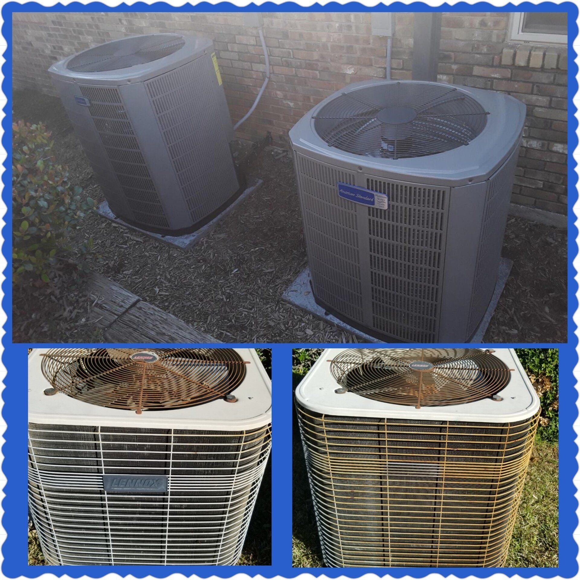 Two outdoor air conditioning units; close-ups show the fan and coils.