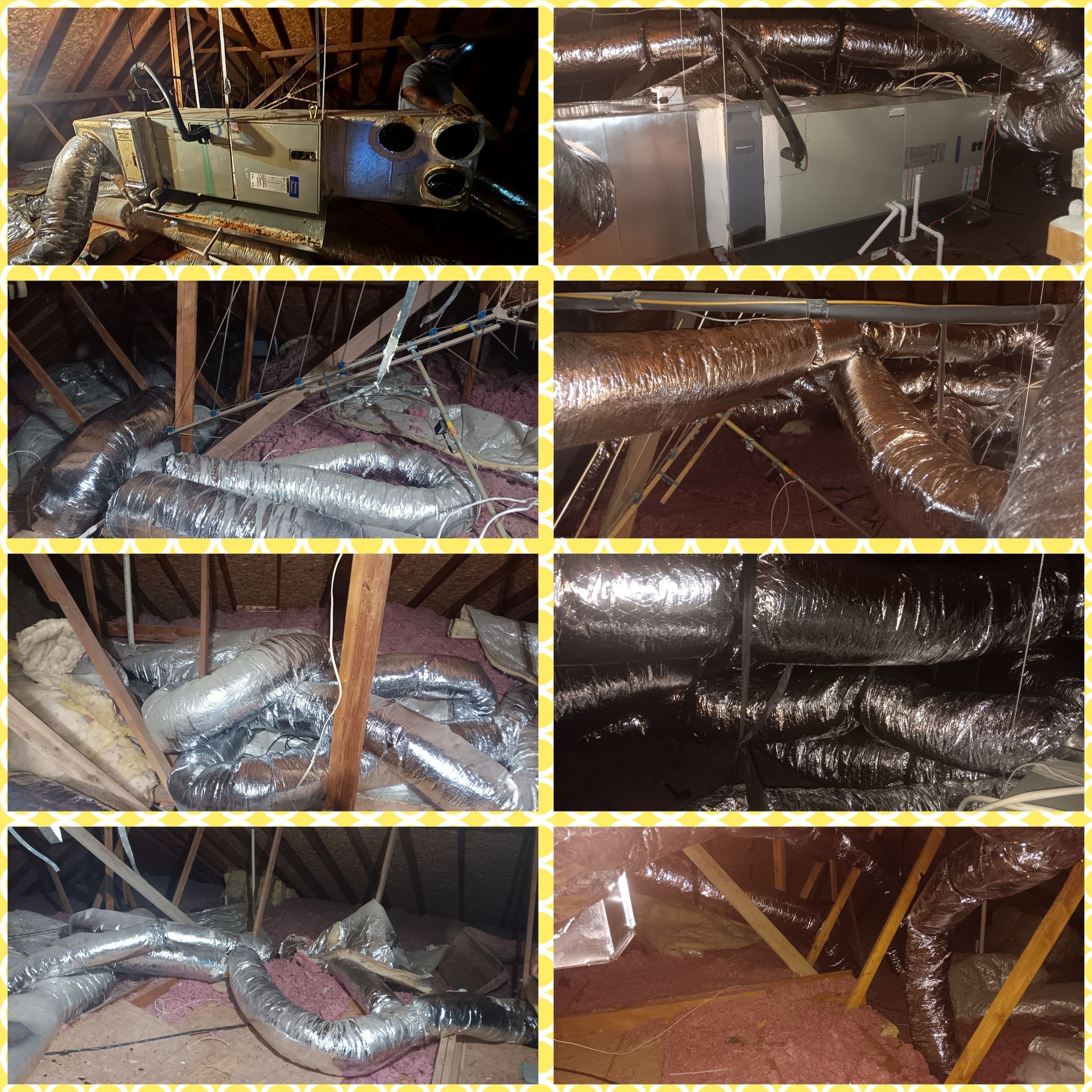 Collage of an attic with HVAC equipment and ductwork; various angles. Silver, insulated ducts are installed poorly.