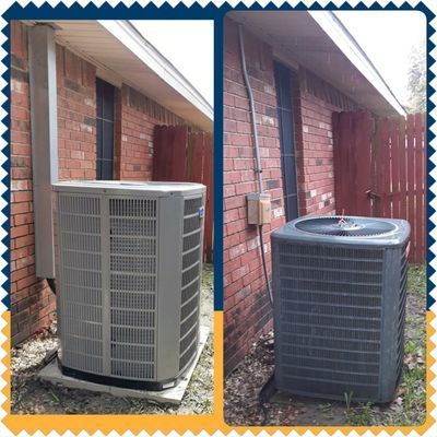 Two air conditioning units against a brick building; one side view, one top view.