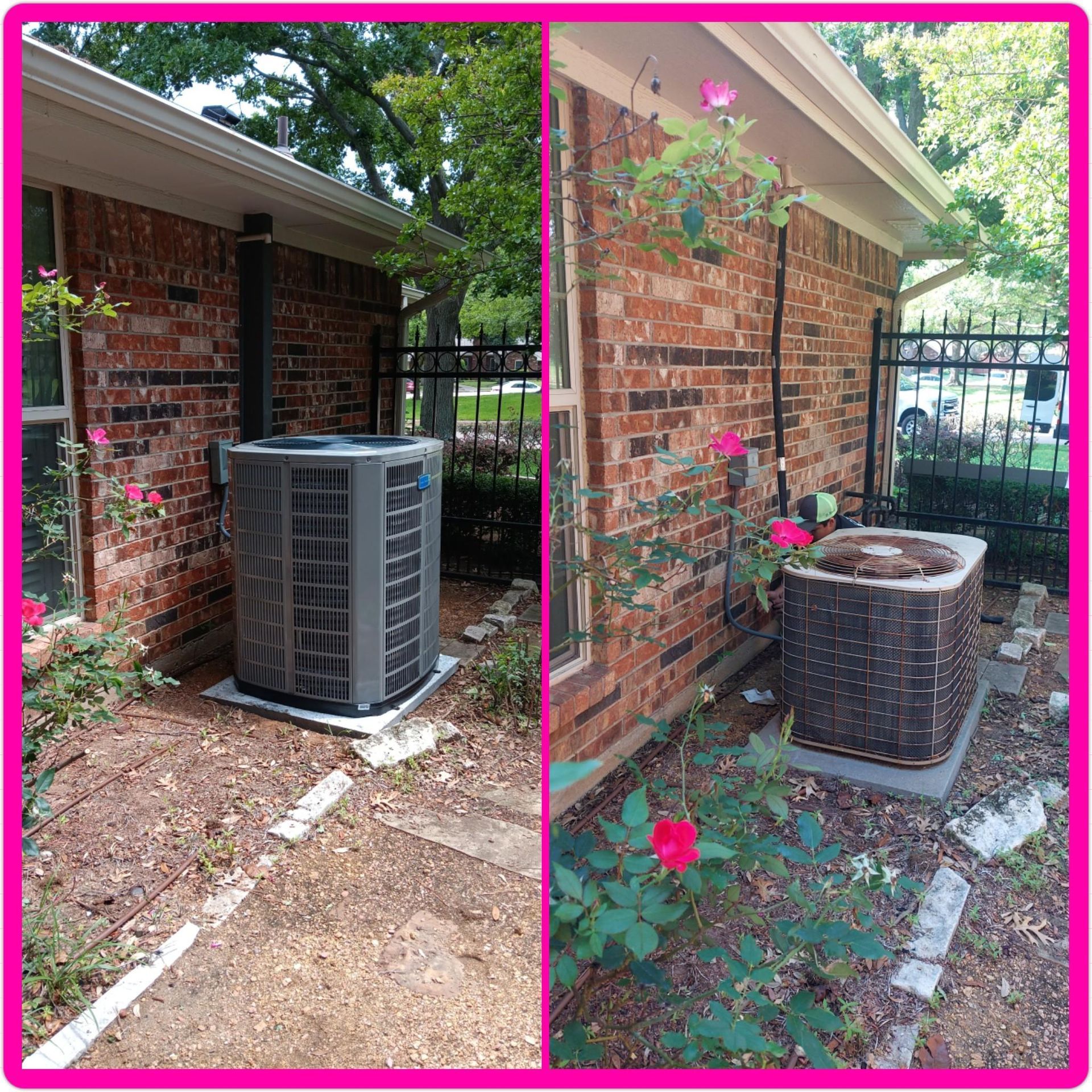 Two AC units next to a brick building. One is new and gray, the other is older and brown.