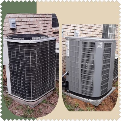 Two outdoor air conditioning units on concrete pads near a brick building.