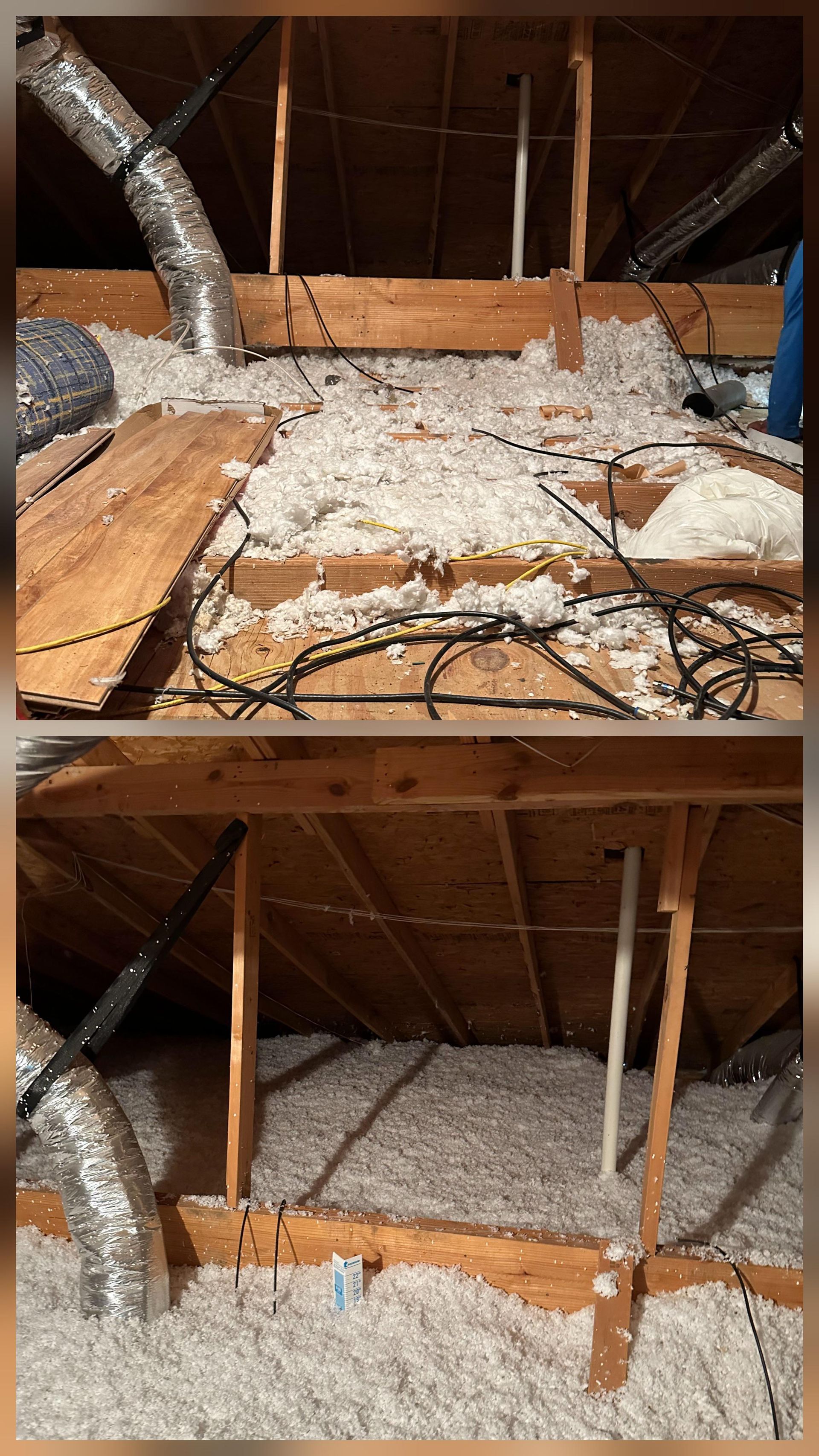 Attic with insulation, ductwork, wooden beams, and wires running across.