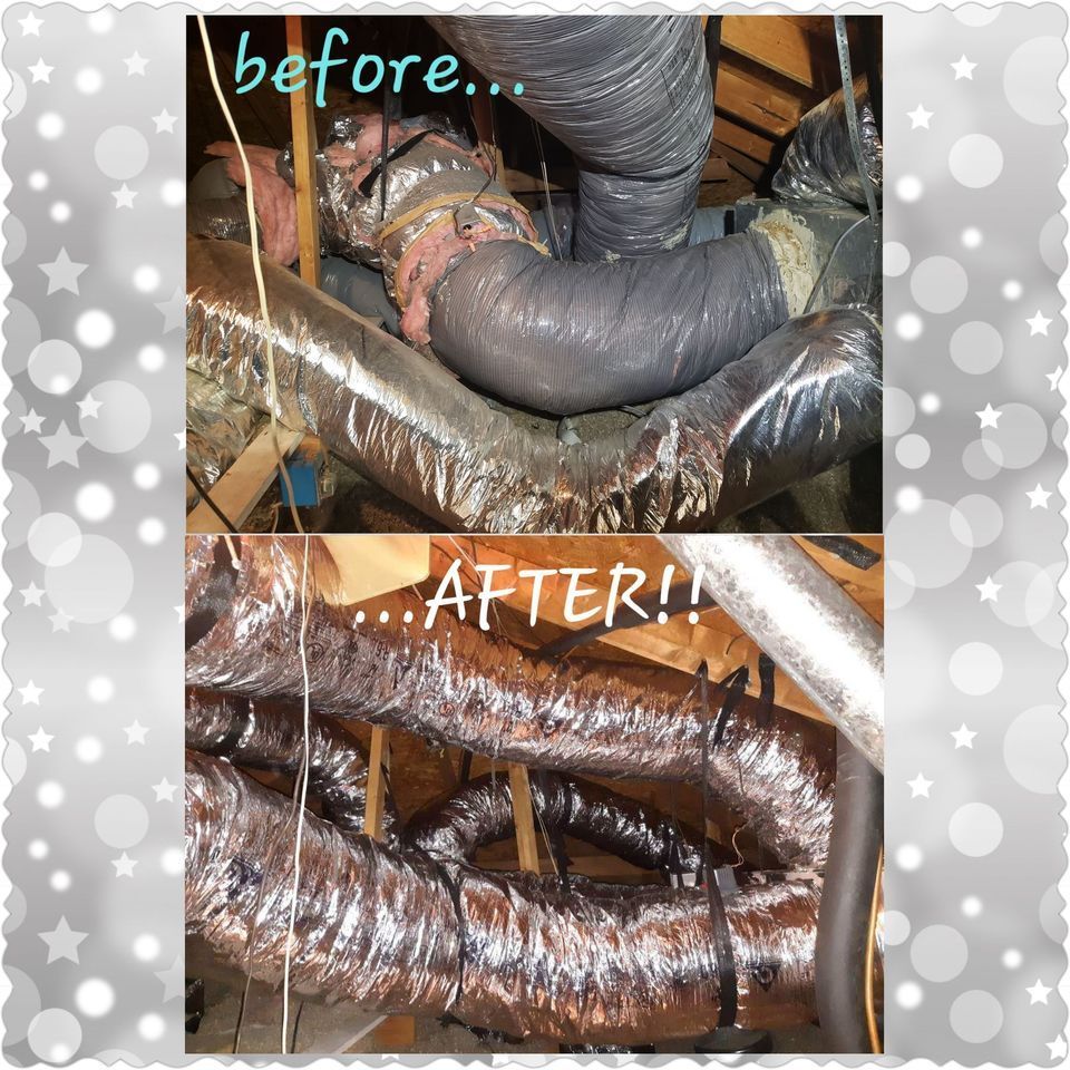 Before and after comparison of HVAC ductwork; old, damaged ducts replaced with new, secured ducts.