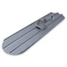Concrete finishing float tool with ribbed metal blade and handle mount.
