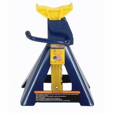 Blue and yellow 3-ton car jack stand, adjustable height, with a cradle for supporting a vehicle.
