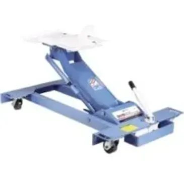 Blue motorcycle lift with a white platform, on a shop floor.