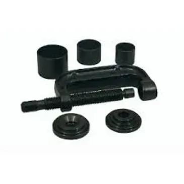 U-joint and ball joint press kit: black metal tools and various sized cylindrical parts.