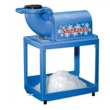 Blue Sno-Kones machine grinding ice; snow cone preparation.