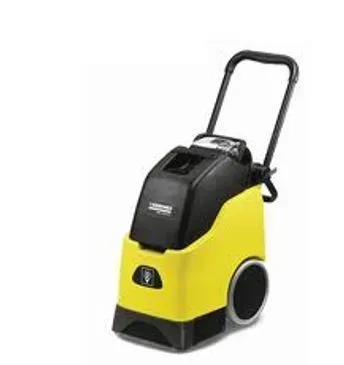 Yellow and black Karcher carpet cleaner with handle and wheels.