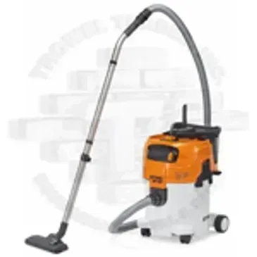 Orange and white shop vacuum with metal wand and hose, on wheels.