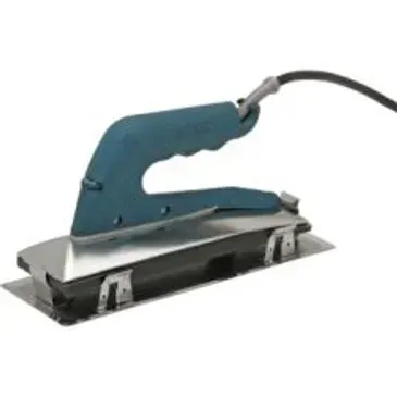 A teal-handled electric iron with a silver base, used for applying edge banding.