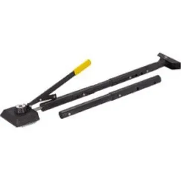 A black carpet stretcher with yellow handle, extended for use.