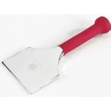 Metal paint scraper with a red handle.