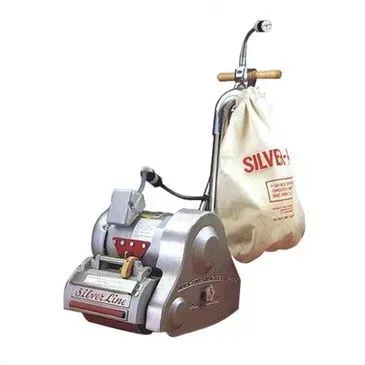 Silver floor sander with dust bag; metallic and tan colors.