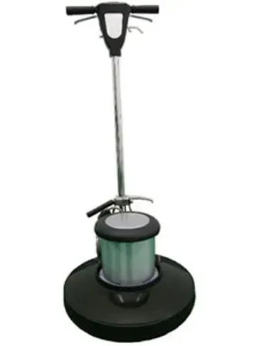 Black and silver floor buffer machine with handle and circular pad.