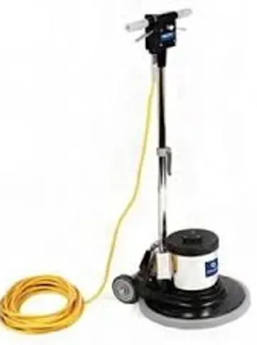 Floor buffer with yellow cord, white and black body, wheels.