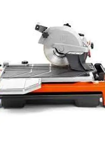 Wet tile saw, silver and black saw blade, orange base.