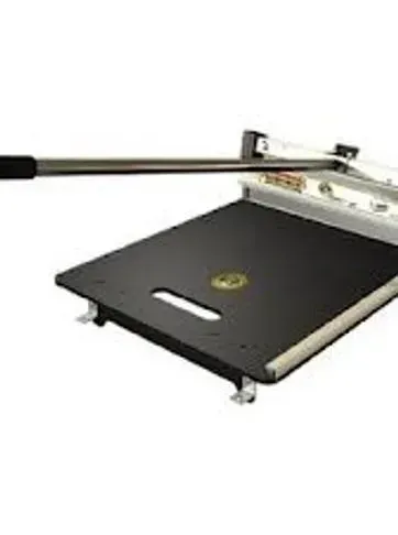 A black paper cutter with a long handle on a white background.