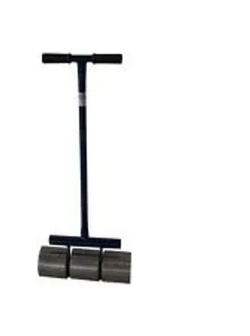 Three-roller lawn aerator tool with a black handle, set against a white background.