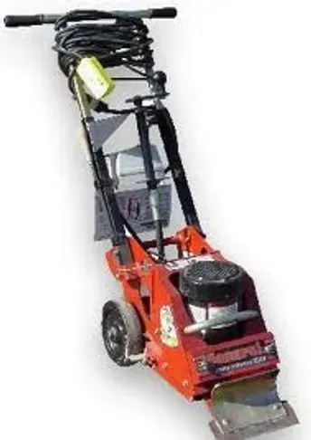 Red, wheeled floor scraper tool with a long handle and coiled power cord.