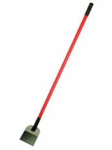 Red-handled, long-handled dustpan. Angled to the left. Black dustpan. White background.