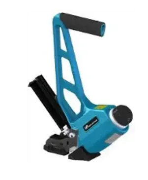 Blue pneumatic carton closing stapler with black handle and staple magazine.