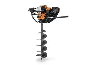Gas-powered earth auger with black drill bit, orange and black engine, and handles.