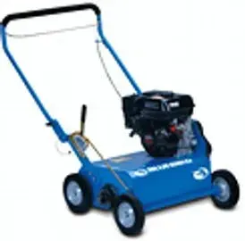 Blue lawn aerator with a black engine and handle.