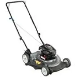 Gray and black push lawn mower on a white background.