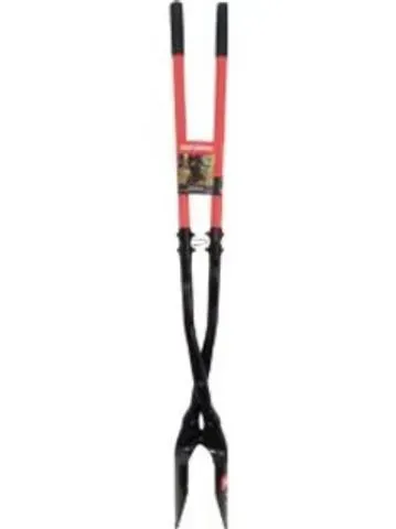 Long-handled post hole digger, black blades, red handles, used for digging holes in the ground.